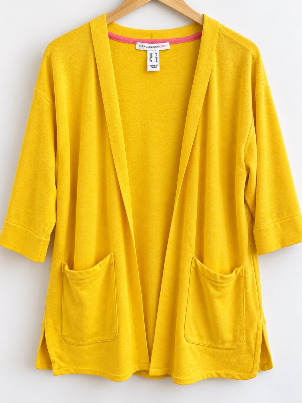 Isaac Mizrahi Live Yellow Open Front Cardigan 3/4 Sleeve Pockets Size M